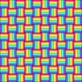 Geometric seamless pattern with multicolored cross lines, rainbow colors braided ornament, prism graphic texture. Decorative brigh